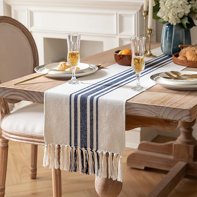 Boho Table Runner for Modern Farmhouse Decor, Dining Table décor 13 x 90 Inch Long with Handcrafted Tassels, Navy Blue and Beige Stripe Table Runner for Home Boho décor