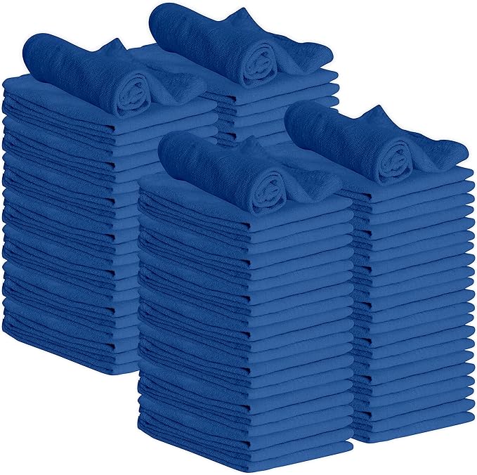 GREEN LIFESTYLE Shop Towels 12" x 14" 100 Pack - Blue Cotton Shop Towels, Cleaning Rags Bulk, Reusable Shop Rags, Absorbent Terry Cloth Cleaning Towels for Garage, Industrial and Housekeeping Use