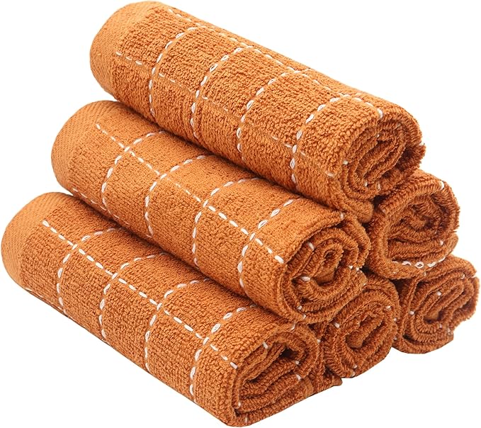 Natural Cotton Dish Cloths Waffle Weave Kitchen Towels,Ultra Absorbent Quick Drying Dish Towels, Soft Comfort Cleaning Cloth Washcloths, Set of 6 (Dark Orange, 12 x 12 Inches)