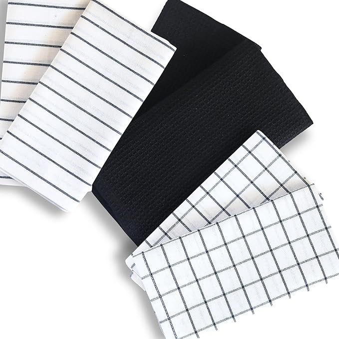 Cotton Dish Towels For Kitchen Drying - Highly Absorbent Wide Black Striped Plaid Tea Towels - 18"X28" Set Of 6 Farmhouse Linen Dishtowels In Bulk - Pano De Prato Para Cozinha - T Towles Towls