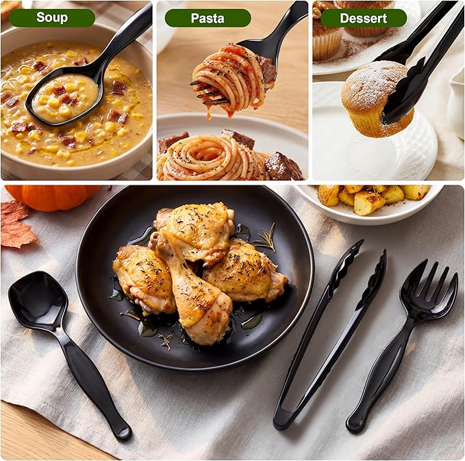 36Pcs Disposable Plastic Serving Utensils Set, 12 Black Spoons, 12 Forks, 12 Tongs, 9-Inch for Party Buffet Catering Events, Heavy Duty and Ergonomic Design (Black)