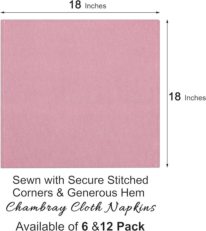 Ruvanti Cloth Napkins Set of 12, 18x18 Reusable Napkins Cloth Washable, Soft & Durable Table Napkin, Poly Cotton Fabric Dinner Napkins for Parties, Christmas, Thanksgiving, Weddings - Bubblegum