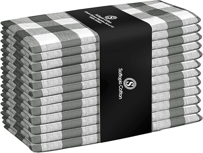 Napkin 100% Cotton 18 Inch x 18 Inch Dinner Napkins, Gingham Buffalo Check Plaid Decorative Washable Cloth Napkin Set of 12 for Dining, Buffet Parties & Camping - Grey White