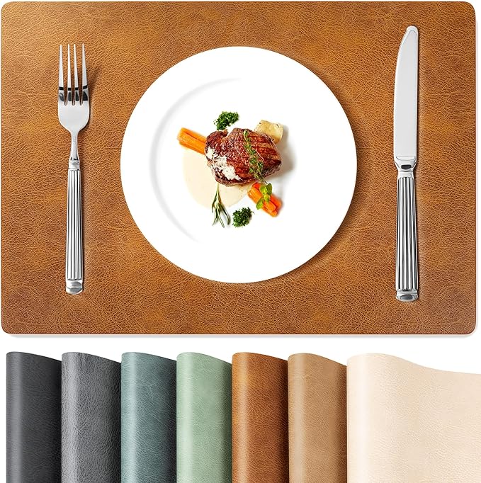 Roxifina Vinyl Placemats Set of 8 - Faux Leather Waterproof Washable PU Place Mats, Heat Resistant 12 x 17 Inch Easy Clean Wipeable Non-Slip Table Mats for Dining, Kitchen, Outdoor (Reddish Brown)
