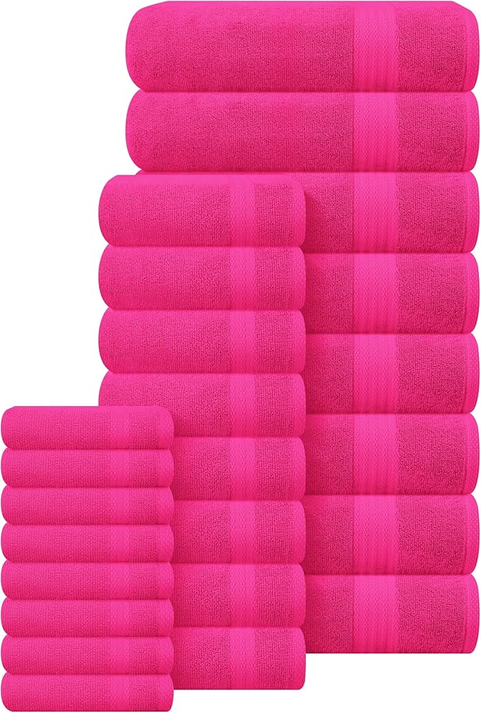 GLAMBURG Ultra Soft 24-Piece Towel Set - 100% Pure Ringspun Cotton, Contains 8 Oversized Bath Towels 27x54, 8 Hand Towels 16x28, 8 Wash Cloths 13x13 - Ideal for Everyday use, Hotel & Spa - Hot Pink