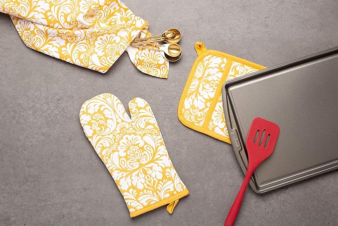 DII Quilted Kitchen Oven Mitt & Potholder Set, Hanging Loop for Convenient Storage, OM 6.5x12/PH 8x8.5, Mustard Damask Print, 2 Piece
