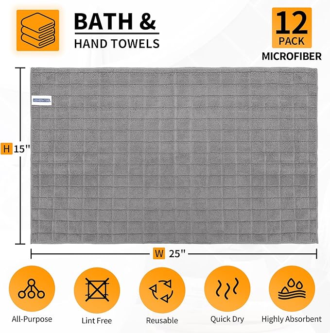 Hand Towels, 12 Pack 25''*15'' Gym Towels, Grey Quick Dry Lint Free Soft Absorbent Bulk Checkered Fingertip Washcloths Bath Towels for Bathroom Kitchen Salon Workout Shower