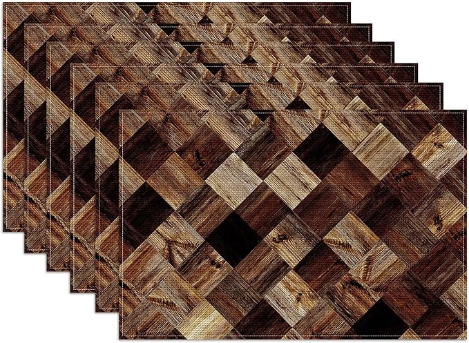 Vintage Wood Grain Placemats Set of 6,12x18 Inch Linen Place Mat Washable Stain Resistant Table Mats for Spring Summer Seasonal Farmhouse Kitchen Party Home Decor