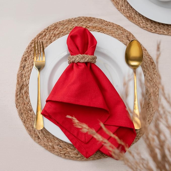Blue Needles Solid Cloth Napkins Set of 12 Red 100% Cotton Dinner Napkins 18x18 inches - Soft, Reusable, Absorbent & Washable Linen, Ideal for Spring Summer Easter Events Parties & Everyday Use