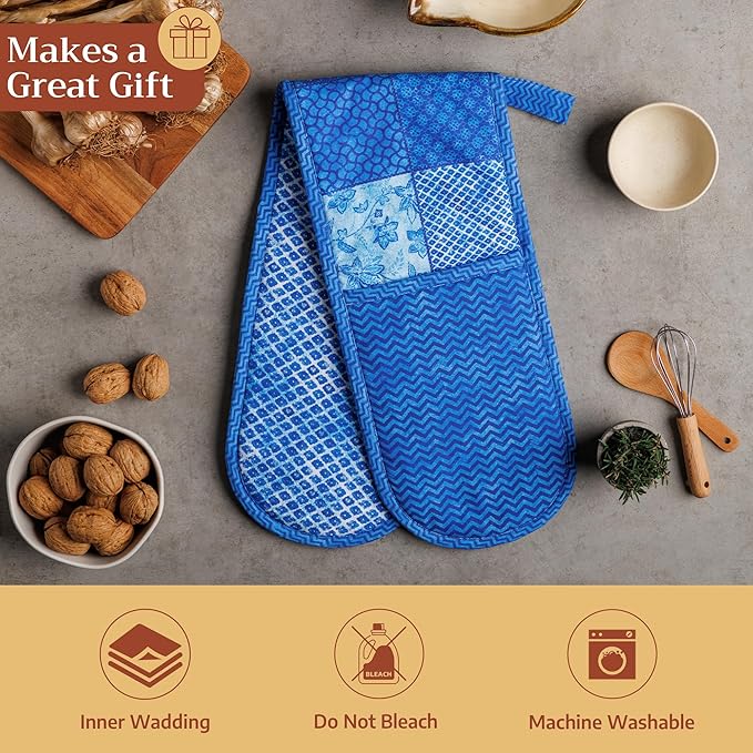 Maison d' Hermine Double Oven Mitts 100% Cotton 7"x35" Double Oven Mitt Heat Resistant BBQ Cooking Gloves with Loop Baking Grilling Gifts for Mothers Day Spring Summer (Indigo Love)