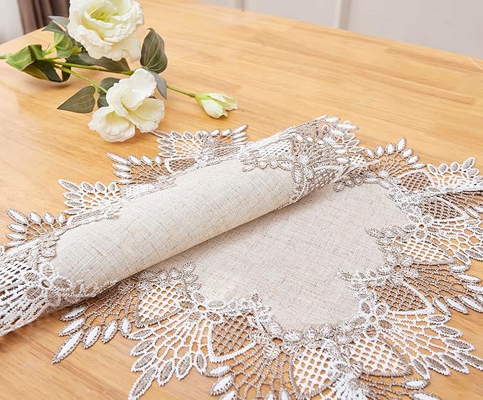 Natural Linen Placemats 14”x20” Set of 2, Neutral Earth Tones Beige Lace Coffee Doily Table Topper Dresser Scarf Place Mats (Set of 2, Natural)