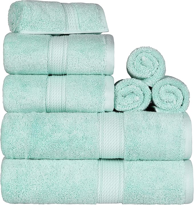 SUPERIOR Egyptian Cotton Pile 8 Piece Towel Set, Includes 2 Bath, 2 Hand, 4 Face Towels/Washcloths, Ultra Soft Luxury Towels, Thick Plush Essentials, Guest Bath, Spa, Hotel Bathroom, Sea Foam