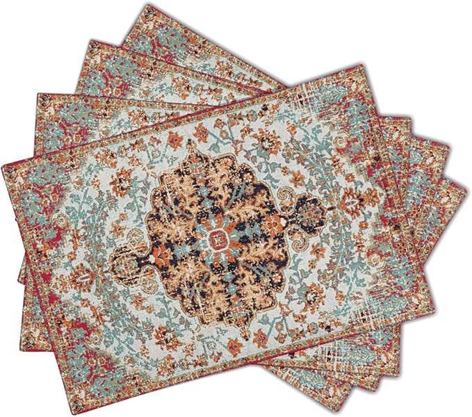 aportt Ethnic Boho Placemats Set of 4 Bohemian Carpet Vintage Black Coral Floral Linen Washable Kitchen Dining Table Mats Stain Heat-Resistant Desktop Decor Place for Home Party Indoor 12x18 in