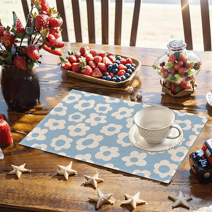 Vintage Groovy Flowers Placemats Set of 6, 12x18 Inch Waterproof Stain Resistant Linen Table Placemats Summer Seasonal Farmhouse Kitchen Party Decor Home Decor