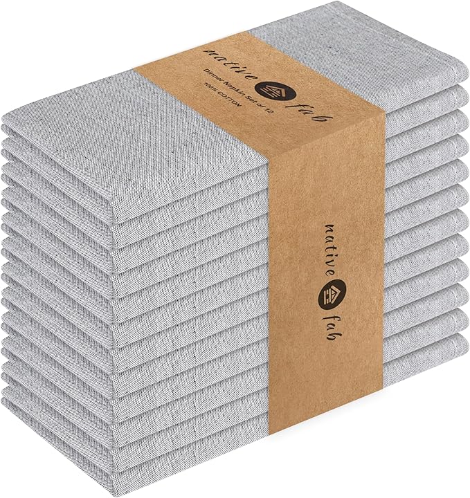 Native Fab Set of 12 Chambray Grey Cloth Napkins - 100% Cotton, 17x17 Inches, Soft, Absorbent, Reusable, Washable, Durable - Hotel Quality Table Dinner Napkins for Dining, Wedding, Everyday Use, Gray