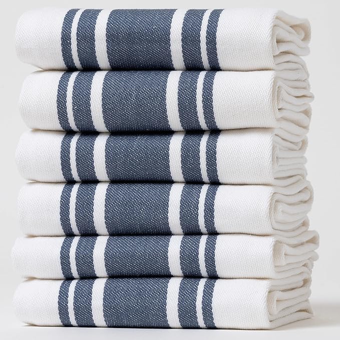 Kitchen Towels Set – Pack of 6 (20’’ x 30’’) Extra Large Premium Cotton Dish Towels for Kitchen – Super Striped Towels – Absorbent – 100% Cotton – with Hanging Loop – Blue