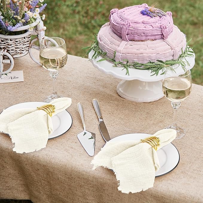TURSTIN 12 Pieces Cotton Linen Cloth Napkin Handmade Cloth Napkin with Fringe 17 x 17 Inch Soft Dinner Wedding Napkins Square Rustic Fringe Table Napkins for Dinners, Parties, Weddings, Ivory