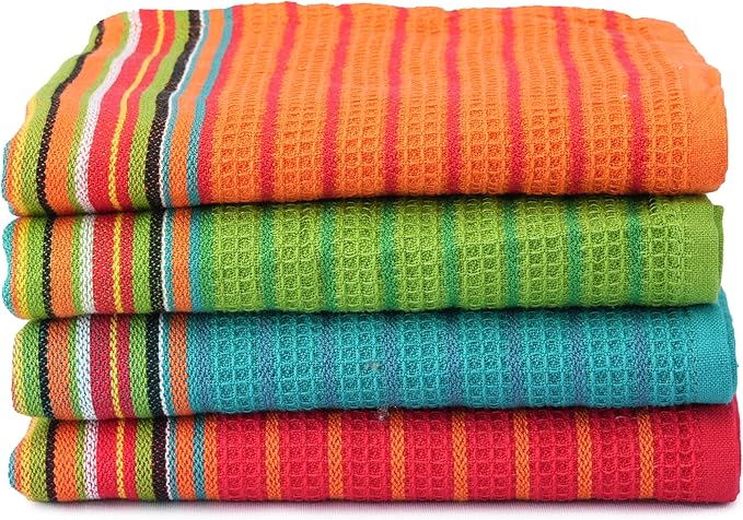 TEXAS LINEN CO. Kitchen Dish Towels, 100% Cotton Salsa Towels, Set of 4 (16x28 Inches), Multi Purpose Cooking Drying Restaurant Bar Cleaning Cloth Napkin, Highly Absorbent, Lint Free, Multi-Color