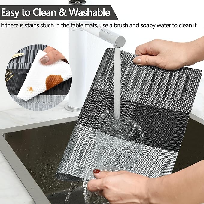 SLKQG Placemats Set of 4 - Washable Easy Clean Vinyl Placemats - Heat Resistant PVC Place Mats for Dining Table - (Black and Gray, 4)