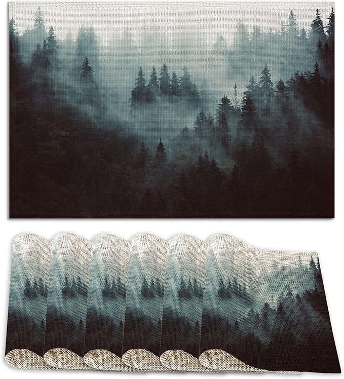 Placemats Set of 6 Linen Washable Kitchen Dining Misty Forest Table Mats Stain Heat-Resistant Desktop Décor Place Mats for Home Party Indoor 12x18 in