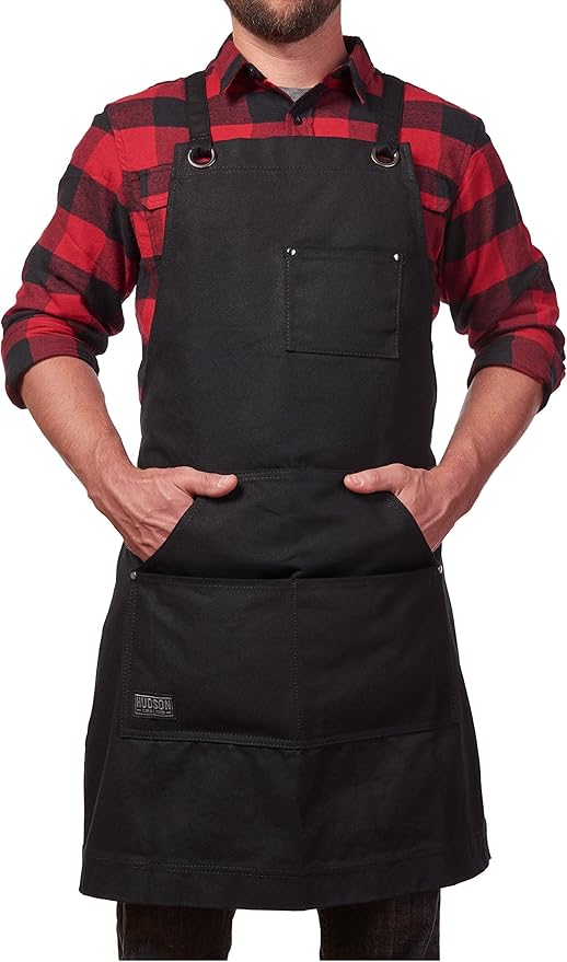 Hudson Durable Goods Heavy Duty Waxed Canvas Apron for Men and Women, Adjustable Crossback Work Apron with Tool Pockets, Water-Resistant - Fits up to XXL, Black