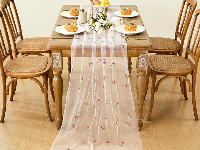 YATOJUZI Embroidery Cherry Table Runner Girly Rustic Decorations Summer Seasonal Fruits Floral Home Kitchen Decor Tulle Dining Table Runners for Wedding Shower Party