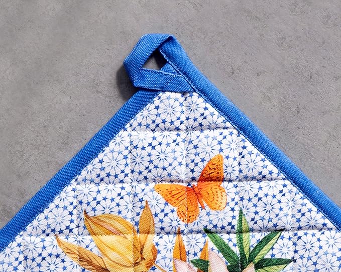 Maison d' Hermine Pot Holders 100% Cotton Heat Resistant Potholders 8" x 8" Hot Pads with Loop BBQ Cooking Baking Gifts for Mothers Day Handling Hot Pans Spring/Summer (Pack of 2, Passiflora)