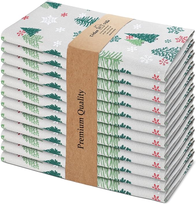 Urban Villa Cloth Napkins Set of 12(20x20)100% Cotton Dinner Napkins Cloth Washable Soft Durable Reusable Absorbent Napkins Ideal for Farmhouse Parties Hotel Lunch Restaurant Dinner Napkins-Green Tree
