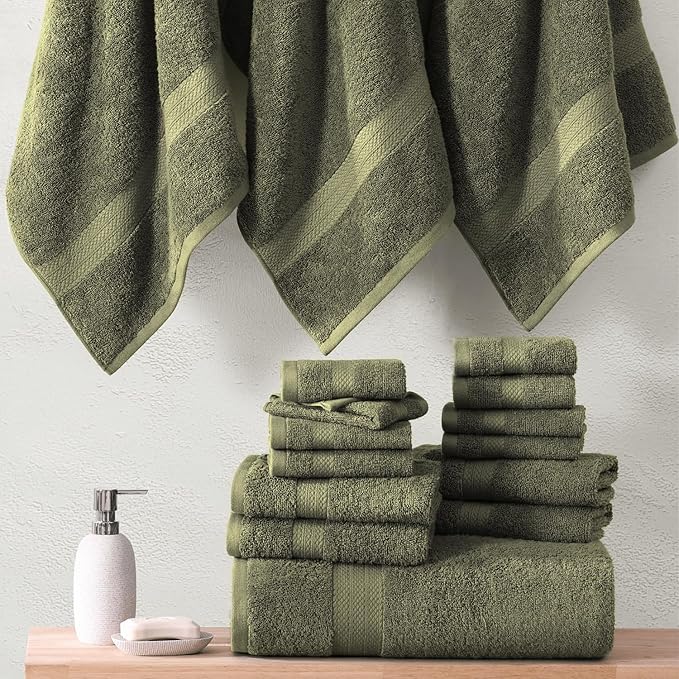 LANE LINEN Luxury Cotton Bath Towel Pack of 6 - Softer, Highly Absorbent & Durable - 2 Bath, 2 Wash cloths, 2 Hand Towels for Bathroom - Premium Look, Spa Quality, Solid Dyed Towels - Oil Green