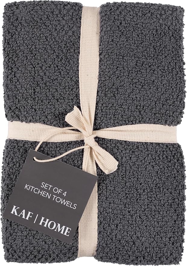 KAF Home Set of 4 Deluxe Popcorn Terry Kitchen Towels | 20 x 30 Inches | 100% Cotton Kitchen Dish Towels (Charcoal)