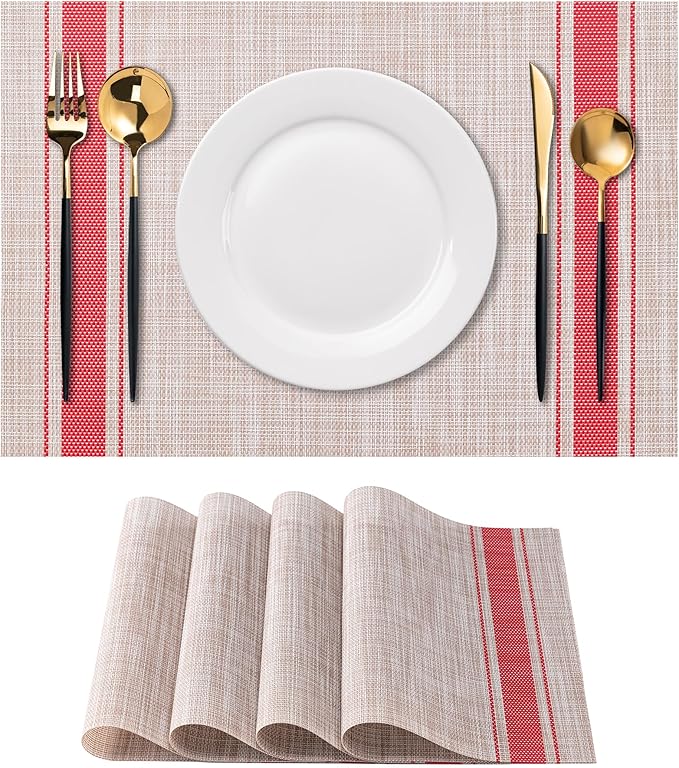 CADONO Placemats Set of 4 Washable Indoor/Outdoor Vinyl Place Mats for Dining Table Durable Non-Slip Heat Resistant PVC Weave Table Mats（Stripes-Red）