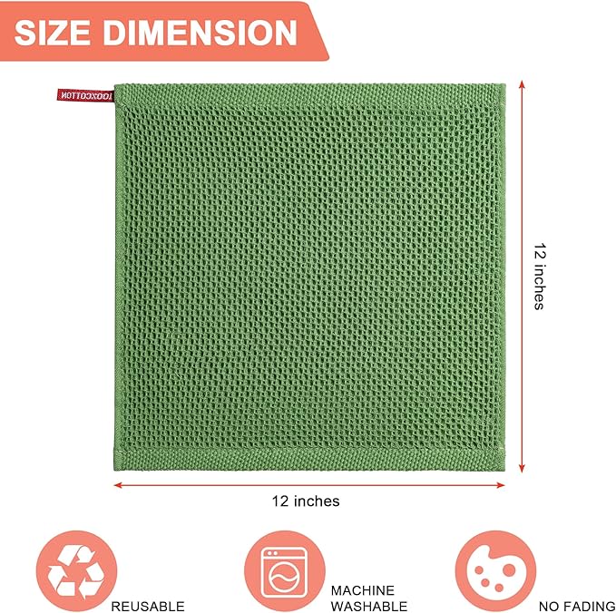 BOOMIBOO 6-Pack Kitchen Dish Cloths, 100% Cotton Waffle Weave, Ultra Soft Absorbent, Quick Drying Dish Towels, 12x12 Inches,Grass Green