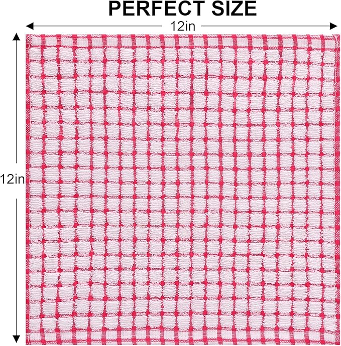 Kitinjoy Cotton 12 Pack Terry Kitchen Dish Cloths, 12 x 12 Inches Super Soft and Absorbent Dish Rags, Quick Drying Dish Towels for Washing Dishes, Red