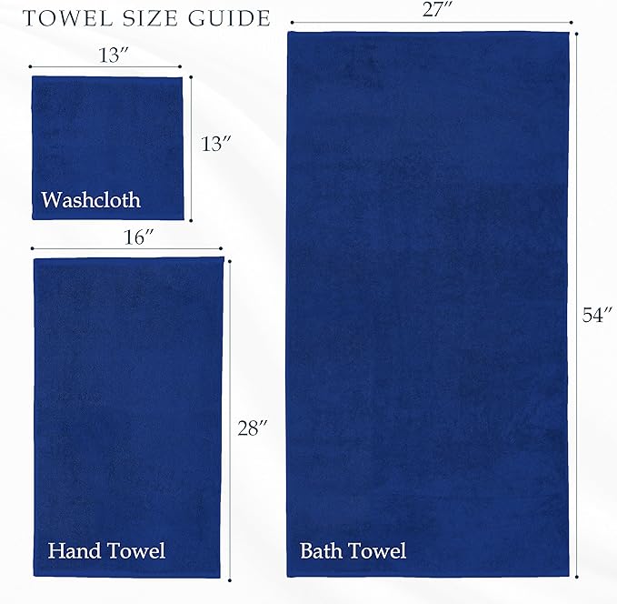 Mocassi Luxury 100% Turkish Cotton 6-Piece Towel Set - Ultra Soft, Quick Dry Highly Absorbent Premium Spa Hotel Quality Bath Towels, Includes 2 Bath Towels, 2 Hand Towels and 2 Washcloths, Royal Blue