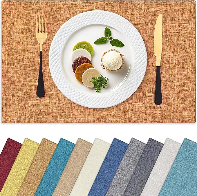 Homaxy Cloths Placemats for Dining Table Set of 8, Heat Resistant Washable Cotton Linen Blend Table Mats, Easy to Clean Place Mats for Indoor Outdoor Party Kitchen Decoration, 13" x 19", Orange