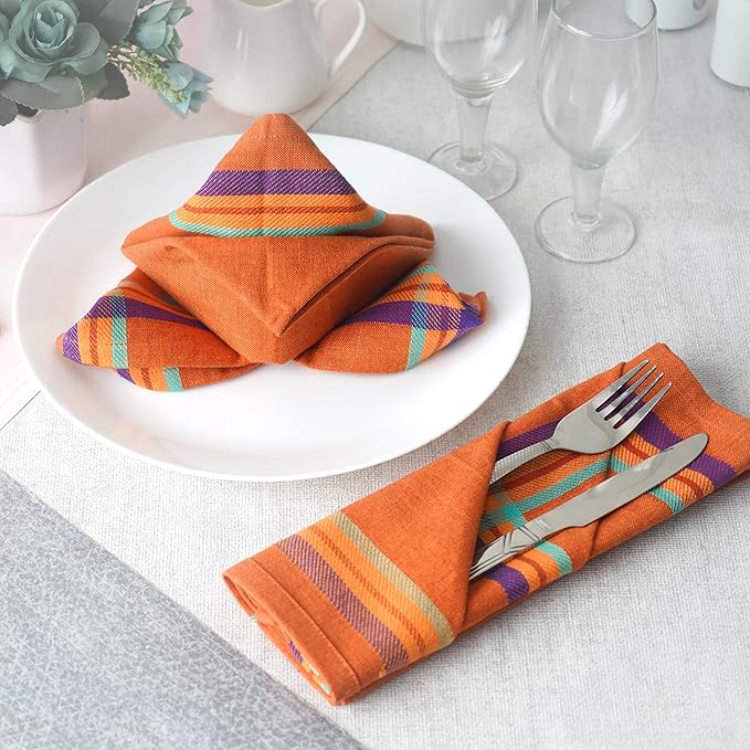 FINGERCRAFT Cloth Napkins, Everyday Use, Premium Quality High GSM Woven Cotton, Set of 12, 20X20 Inch Oversized Napkins Cloth Mitered Corners, Soft, Durable Hotel Quality Orange Multi