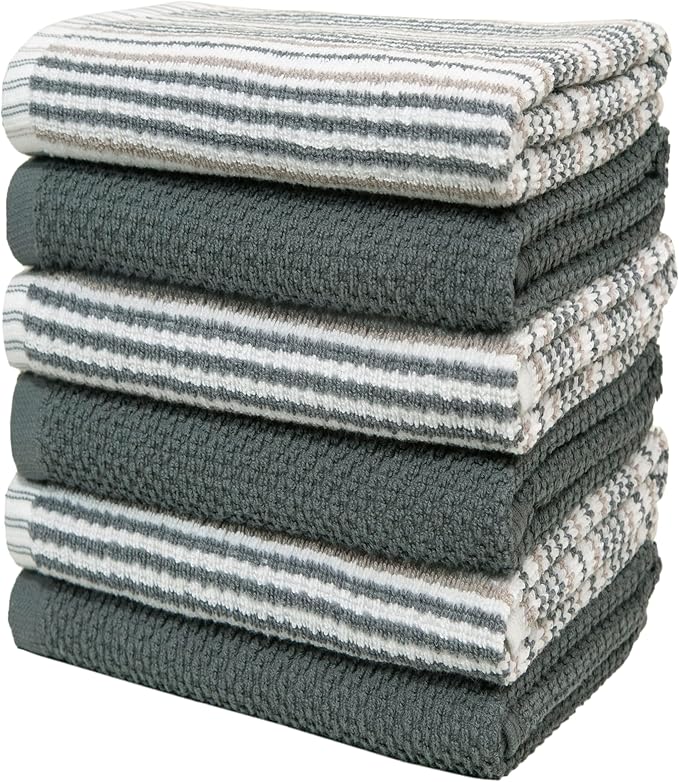 Kitchen Towels 16”x 26” - 6 Pack | Large Cotton Dish Towels | Popcorn Stripe Design | 430 GSM Highly Absorbent with Hanging Loop | Gray