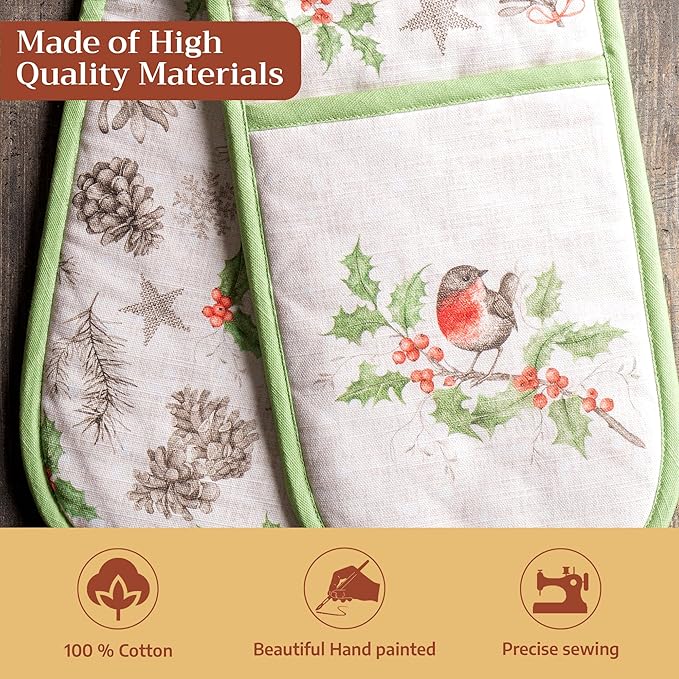 Maison d' Hermine Double Oven Mitt (7" x 35") 100% Cotton Heat Resistant BBQ Cooking Gloves with Loop for Thanksgiving Christmas Decorations Baking Cooking Barbeque Handling Hot Pan (Christmas Dew)