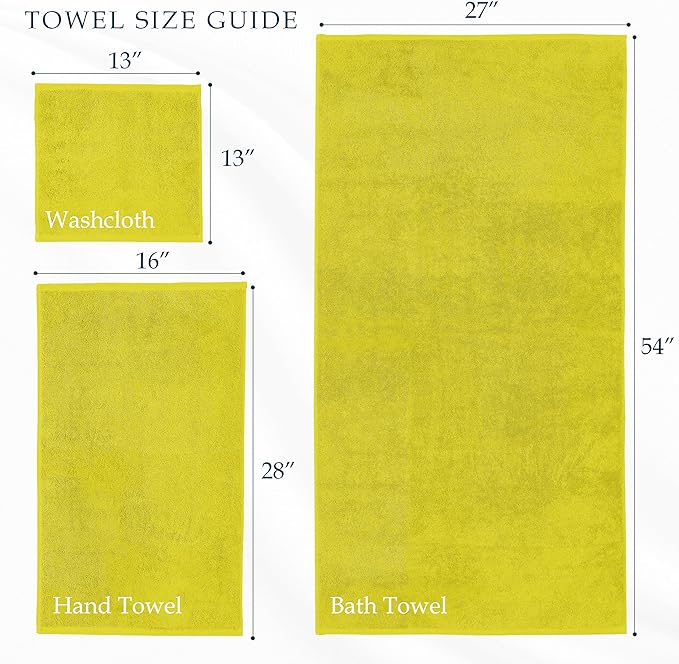Mocassi Luxury 100% Turkish Cotton 6-Piece Towel Set - Ultra Soft, Quick Dry Highly Absorbent Premium Spa Hotel Quality Bath Towels, Includes 2 Bath Towels, 2 Hand Towels and 2 Washcloths, Yellow