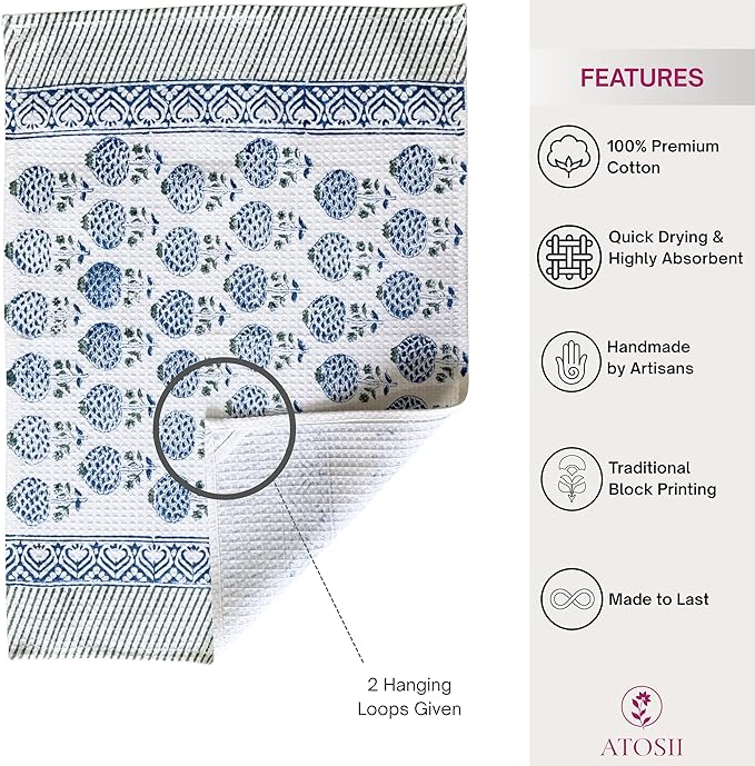 ATOSII 100% Cotton Hand Block Print Waffle Kitchen Towel, Set of 3, 18 x 26 Inches Ultra Absorbent Quick Dry Dish Towels, Lightweight Reusable Sustainable Tea Towels for Cleaning and Drying, Roma Blue