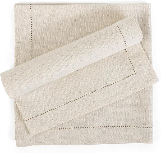 FINGERCRAFT Cloth Napkins, Hemstitch Napkins Cloth, Everyday Use, Premium Quality Cotton Linen Blend Perfect for Parties Dinners Weddings Cocktail Christmas Easter Set of 12, 20 inch Ivory