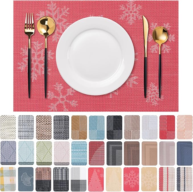 CADONO Placemats Set of 6 Washable Indoor/Outdoor Vinyl Place Mats for Dining Table Durable Non-Slip Heat Resistant PVC Weave Table Mats（Christmas Snow-Red）