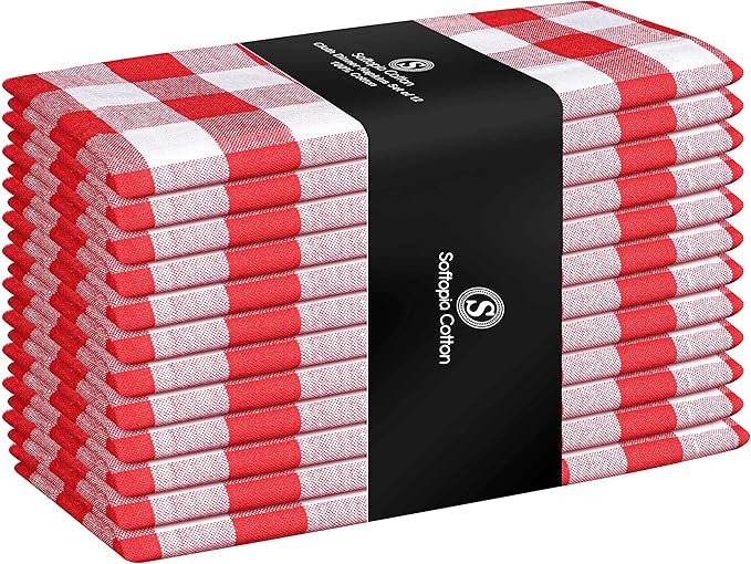 Cloth Napkins 18”X18” 100% Cotton Decorative Washable Gingham Buffalo Check Plaid Table Napkin for Kitchen, Party, Wedding, Restaurant & Camping - Red White (Set of 12)