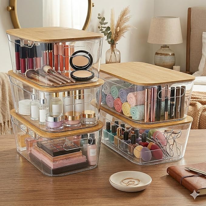 CiWiVOKi 6 Pack Clear Storage Bins with Bamboo Lids - Stackable Pantry Organization and Storage Containers with Handles - 3.7L Large BPA-Free Plastic Organizer for Kitchen, Fridge, Bathroom & Closet