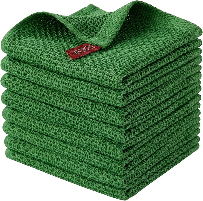 joybest Cotton Kitchen Dish Cloths, 8-Pack Waffle Weave Ultra Soft Absorbent Dish Towels Washcloths Quick Drying Dish Rags, 12x12 Inches, Green