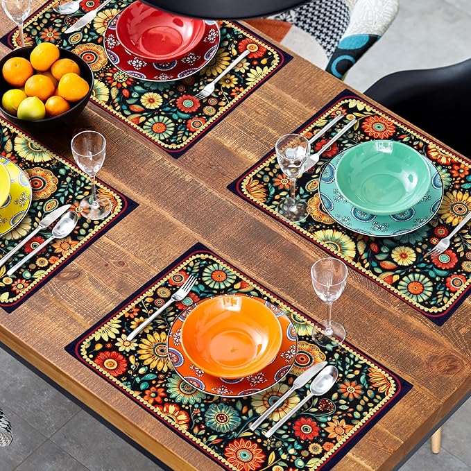 Boho Florals Placemat Set of 4 Colorful Flower Linen Place Mat for Home Decor
