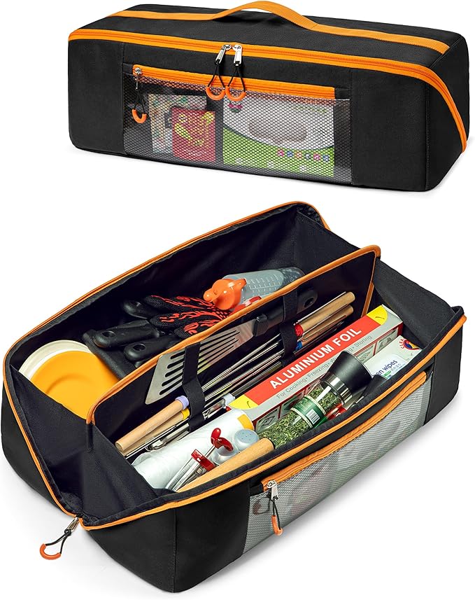 Marscamd 22” Grill Tool Storage Bag with Dual Inner Compartments, Wide-open Grill Utensil Storage Bag for Grill, Griddle and Barbecue Tools, Black (No Accessories)