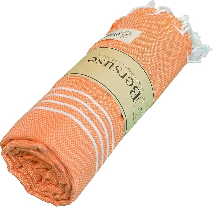 Bersuse Towels Anatolia XL Beach Blanket Throw Blanket Turkish Towel 100% Cotton Extra-Large Quick-Dry Lightweight Premium Peshtemal Towel - 61x82 Inches, Orange (Set of 3)