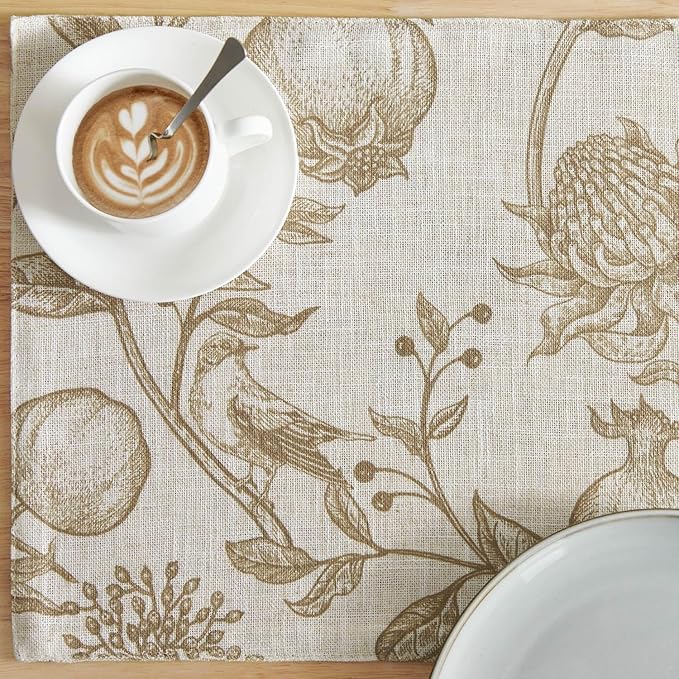 JINCHAN Linen Floral Placemats Set of Cloth Table Mats Rustic Cottagecore Botanical Outdoor Seasonal for Kitchen Dining Decor Heat Resistant Non-Slip Washable Tablemats 13x19 Inch Tan