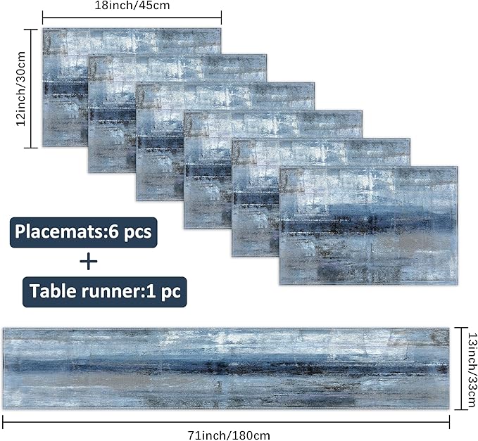 Blue and Gray Table Runner and Placemats Set of 6 Farmhouse Washable Linen Place Mats Rustic Abstract Art Table Decor for Kitchen Dining Coffee Outdoor Party (Blue and Gray, 13"x71"+12"x18")
